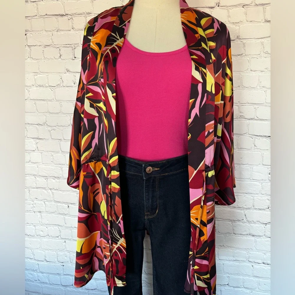 DR2 by Daniel Rainn Foliage Print Satin Kimono/Coverup--NWT--S/M - Picture 7 of 14